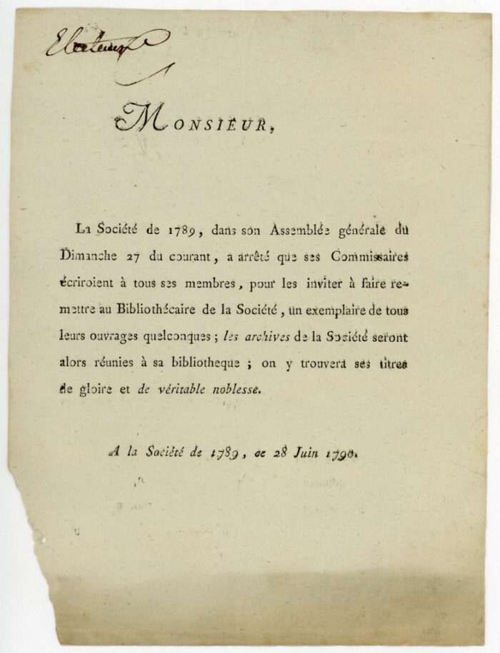 CREATION DES ARCHIVES DE LA SOCIETE DE 1789