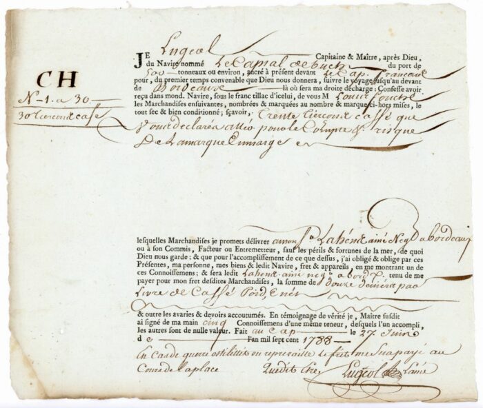 1788 - BORDEREAU DE CARGAISON Lugeol, Capitaine du "Le Capral" LE CAP - BORDEAUX
