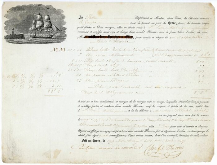 1839 - BORDEREAU DE CARGAISON du "Zampa" LA MARTINIQUE - LE HAVRE