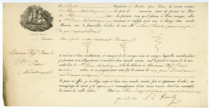 1839 - BORDEREAU DE CARGAISON Doublé Capitaine du "LE HAVRE/MARTINIQUE"