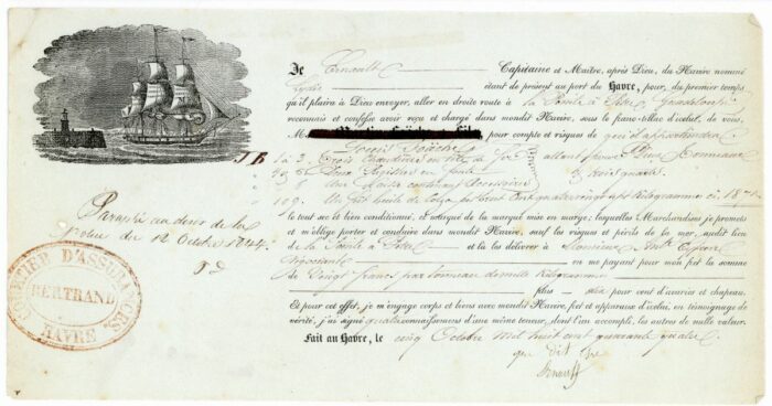 1844 - BORDEREAU DE CARGAISON Cernault Capitaine du "LYDIE" LE HAVRE-GOUADELOUPE